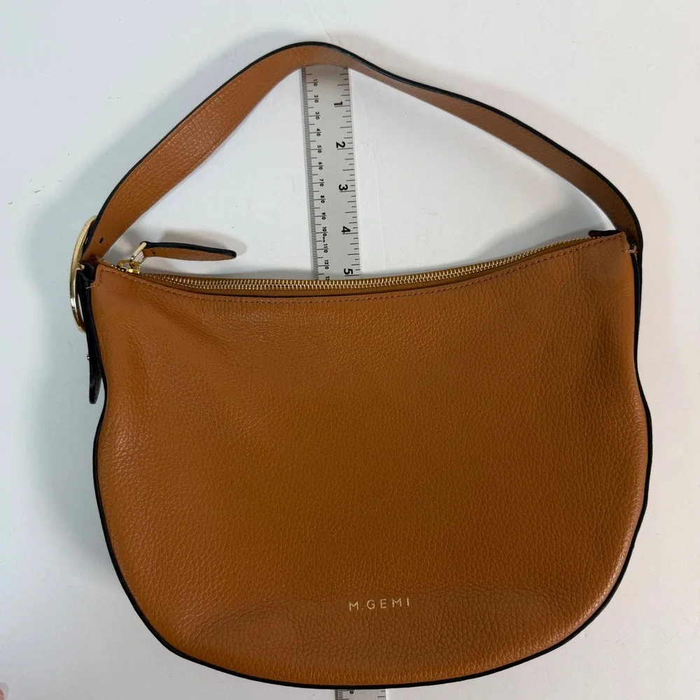 M.Gemi Italian Pebbled Leather Hobo Shoulder Bag Cognac Brown Minimalist Luxury - Picture 11 of 11